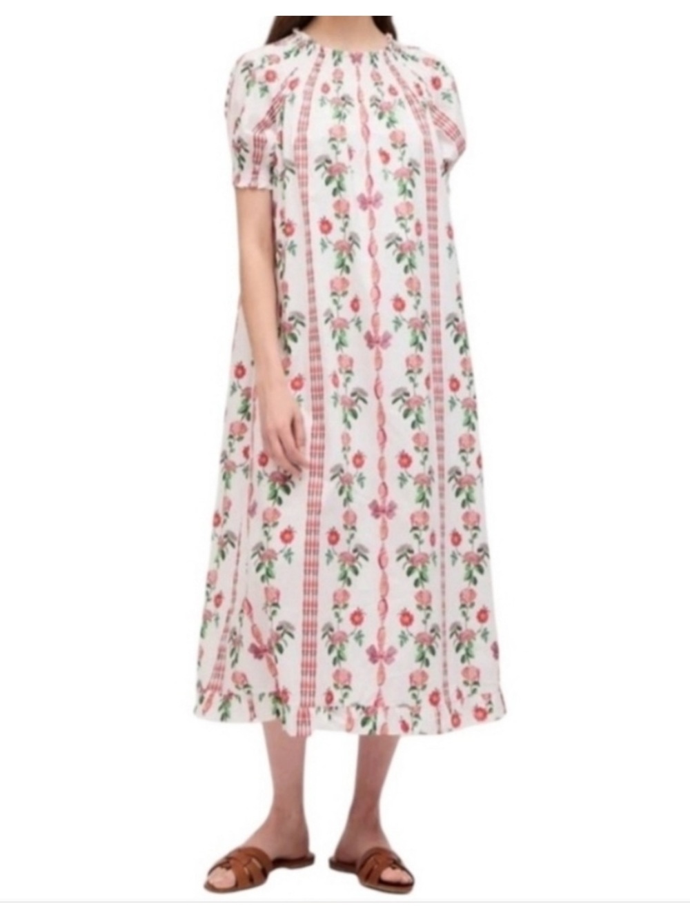 Hill House The Caroline Nap Smocked Puff Sleeve Midi Dress. White with Red print
